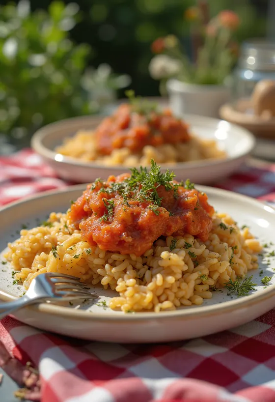 Koshari com orégãos, prato egípcio de arroz, lentilhas e macarrão, num rico molho de orégãos