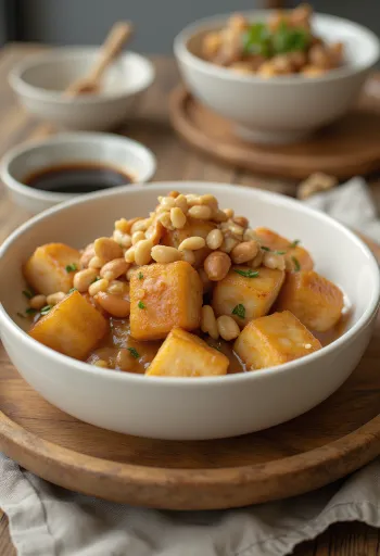 Tofu frito em marinada de amendoim servido