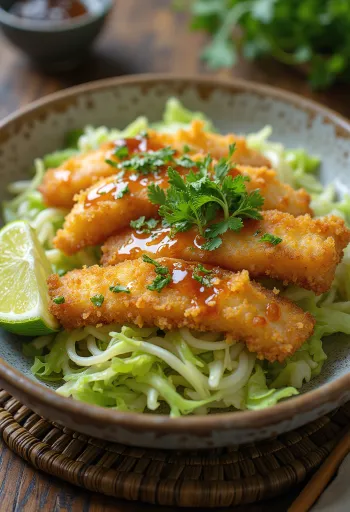 Tonkatsu de peixe dourado com monte de repolho fatiado