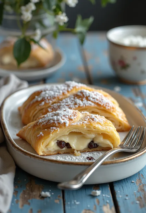Strudel de requeijão assado até ficar dourado, polvilhado com açúcar em pó