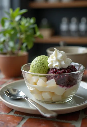Anmitsu com chantilly e gelado de matcha, doce japonês com ágar-ágar e puré de feijão vermelho