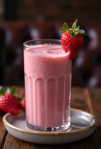 Smoothie de morango em copo alto, decorado com fatias de morango fresco