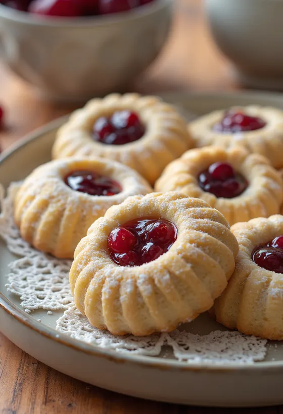 Biscoitos linzer recheados com compota, polvilhados com açúcar em pó.