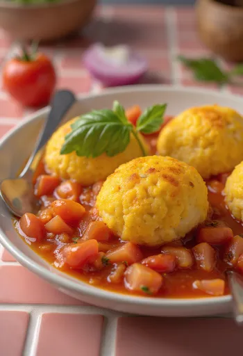 Fungee servido com molho de tomate