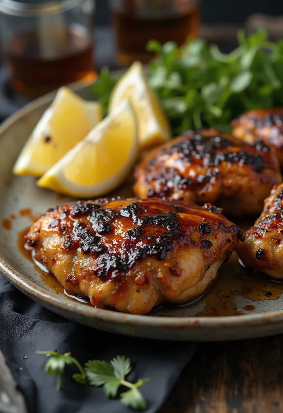 Coxas de frango fumadas BBQ com pele crocante