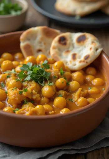 Caril de grão-de-bico picante servido com arroz e coentros