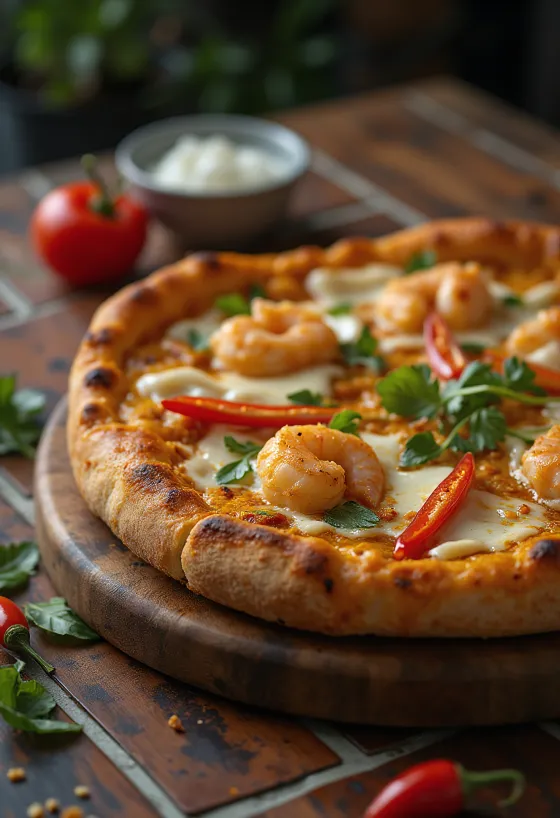 Laksa pizza com especiarias malaias e camarão