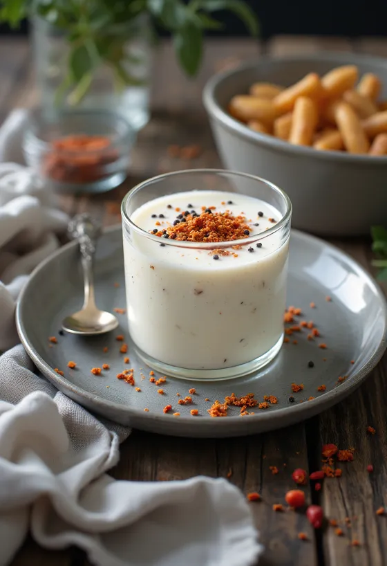 Kefir com especiarias servido em copo, polvilhado com colorau e pimenta no topo