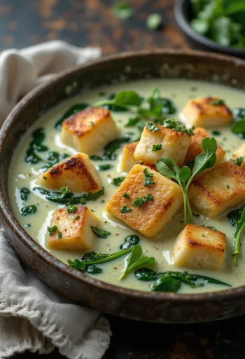 Tofu frito em molho de espinafres servido