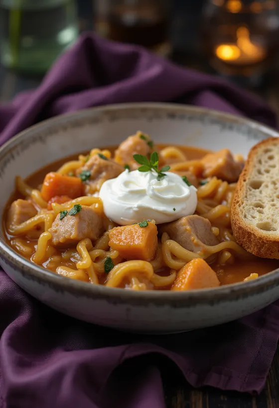 Goulash Székely servido abundantemente com natas azedas, pão fresco e pimentos picantes.