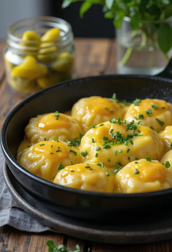 Galuska com ovos polvilhada com salsa fresca, servida com pickles caseiros.