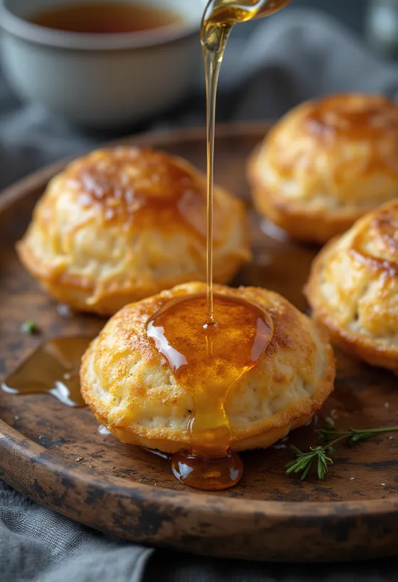 Æbleskiver adoçado com mel, sonhos frescos e macios servidos