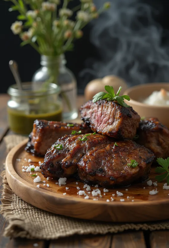 Asado servido com legumes grelhados e molho chimichurri
