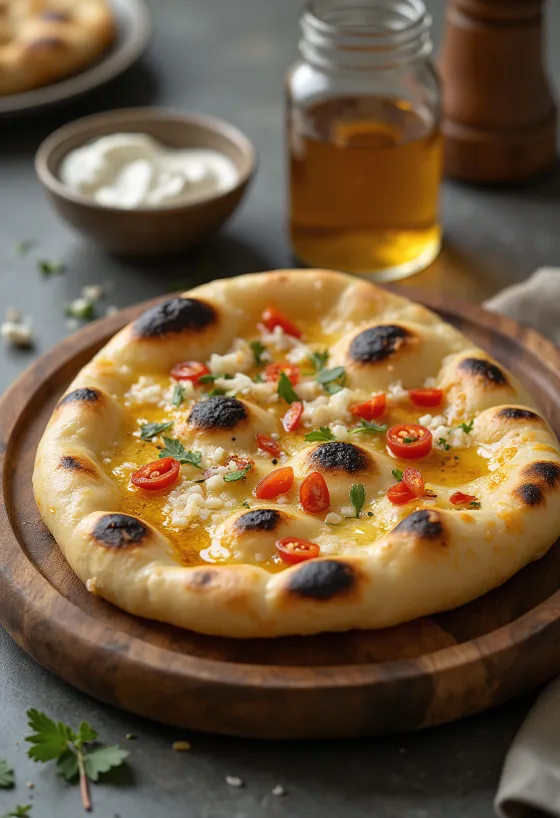 Naan com chili fresco, decorado com pedaços de chili, servido quente
