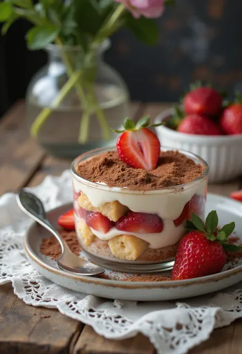 Tiramisu de morango em camadas com palitos de la reine e creme de mascarpone, decorado com morangos frescos