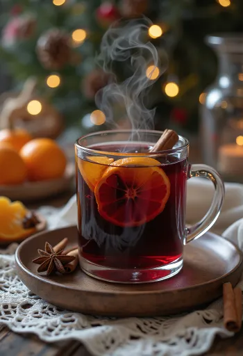 Um copo de vinho quente decorado com rodelas de laranja e canela