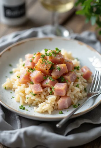 Arroz com presunto fumado servido em prato