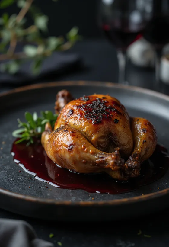Perdiz assada com jus de vinho tinto servida elegantemente.