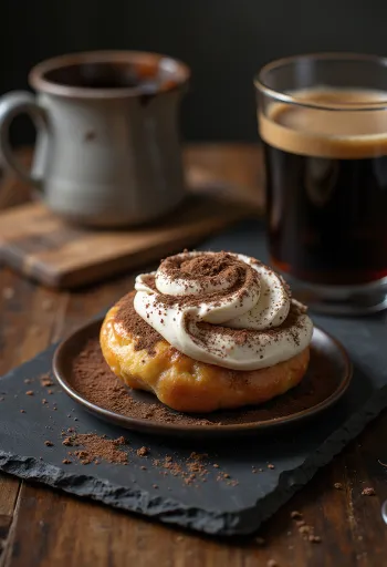 Semlor com sabor a Tiramisu, semlor frescos cozidos, com creme de tiramisu e amêndoas torradas