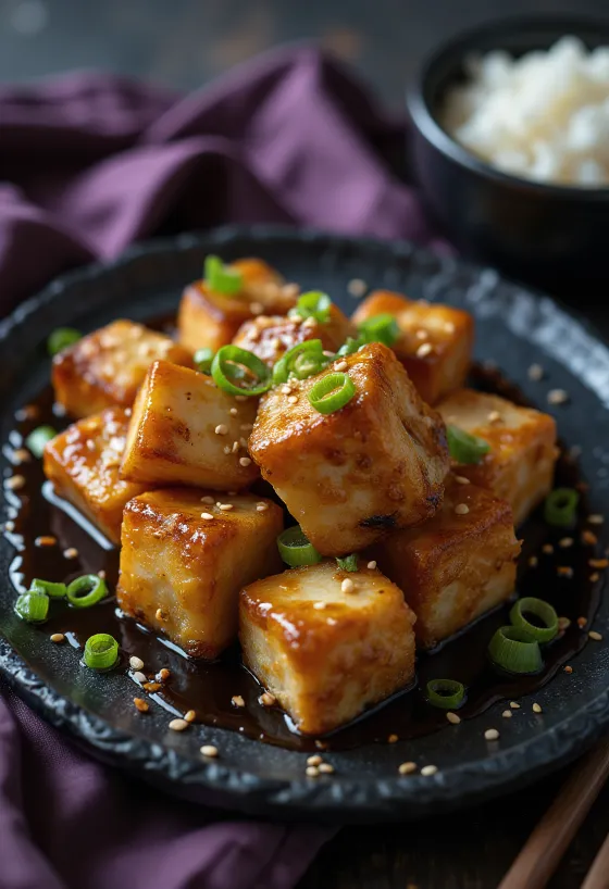 Tofu frito em marinada de soja servido