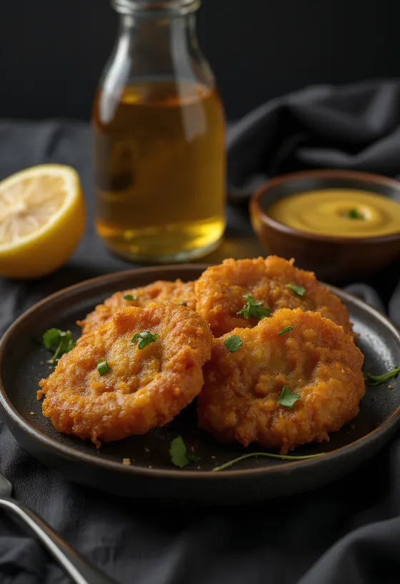 Acarajé com molho de mostarda e mel, decorado com coentros frescos
