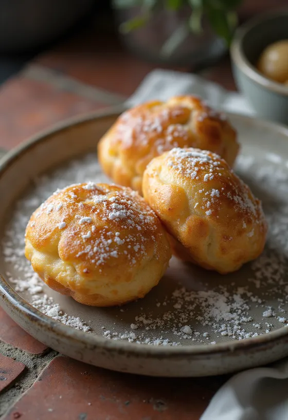 Æbleskiver com cardamomo, polvilhado com açúcar em pó