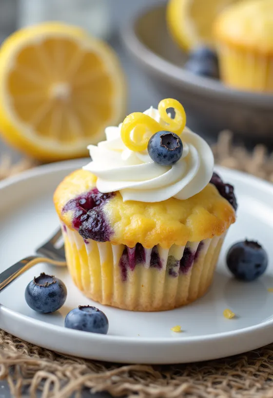 Cupcake de mirtilo e limão servido