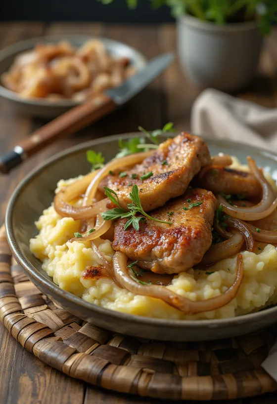 Fígado de frango com puré de batata e cebola servido com salsa fresca