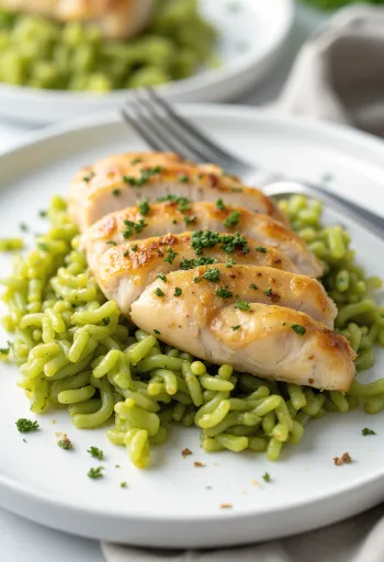 Peito de frango com arroz de pesto servido