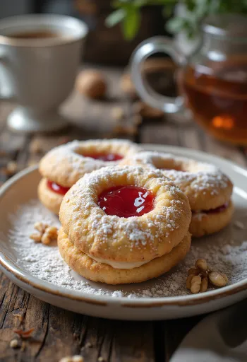 Linzer de noz com açúcar em pó e recheio de compota
