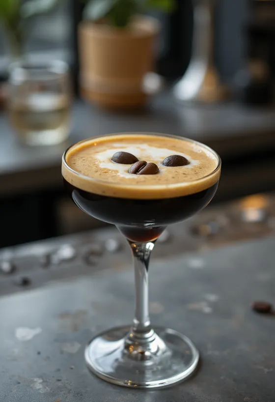 Cocktail Espresso Martini decorado com três grãos de café