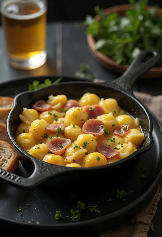 Presunto fumado com nokedli e ovos servido quente