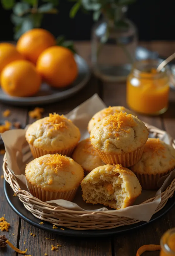 Muffins de castanha e laranja em formas de papel.