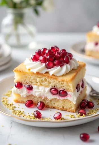 Bolo de mousse de romã decorado com sementes de romã frescas