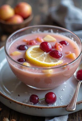 Sopa de frutas refrescante e cremosa, servida com pedaços de fruta fresca