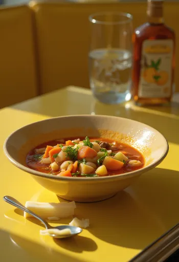 Sopa de legumes italiana fresca servida, decorada com legumes e especiarias.