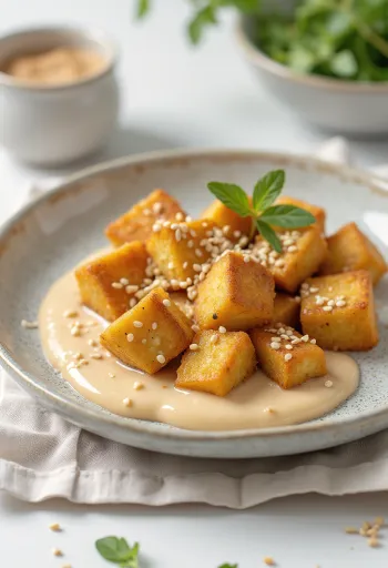 Tofu frito com molho de tahini servido