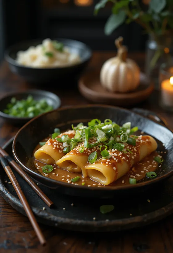 Cannelloni de sésamo e gengibre com recheio de vegetais