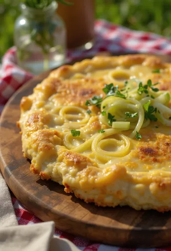 Welsh rarebit com alho-francês servido, em molho de queijo, sobre torrada, com pedaços frescos de alho-francês