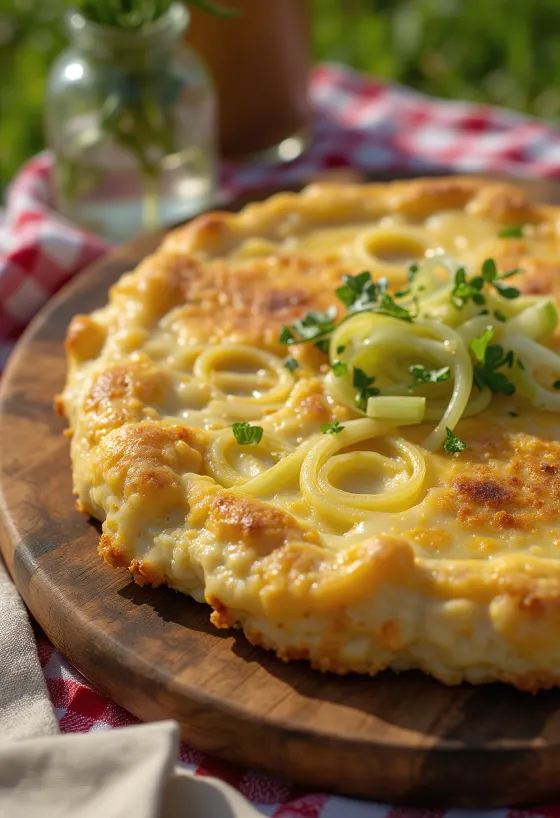 Welsh rarebit com alho-francês servido, em molho de queijo, sobre torrada, com pedaços frescos de alho-francês