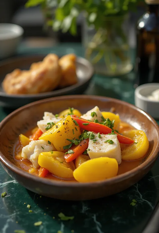 Ackee e bacalhau salgado servido com vegetais e especiarias