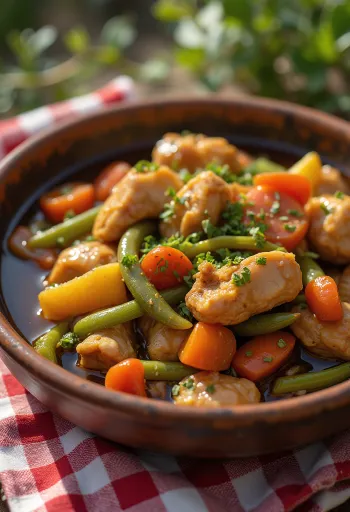 Adobo com ragu de legumes, decorado com coentros frescos