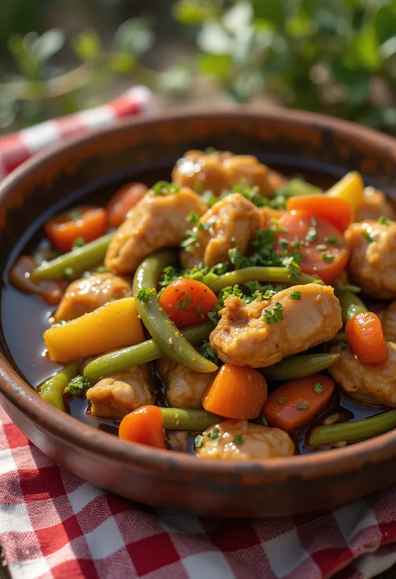 Adobo com ragu de legumes, decorado com coentros frescos