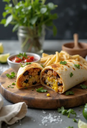 Burrito de frango recheado com legumes frescos, arroz e queijo