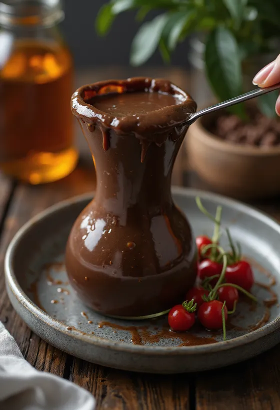 Molho de chocolate com chili servido com fruta fresca