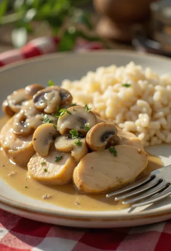 Peito de frango suculento com molho de cogumelos e natas, servido num prato branco.
