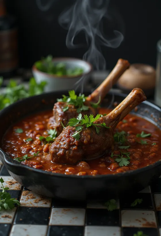 Perna de borrego servida com molho harissa