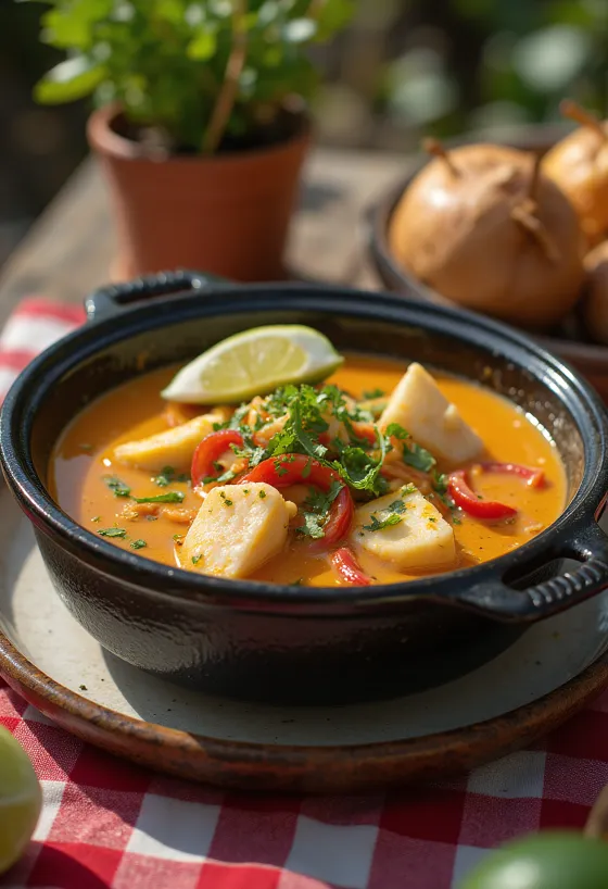 Moqueca Baiana, prato rico de peixe com leite de coco servido com coentros frescos