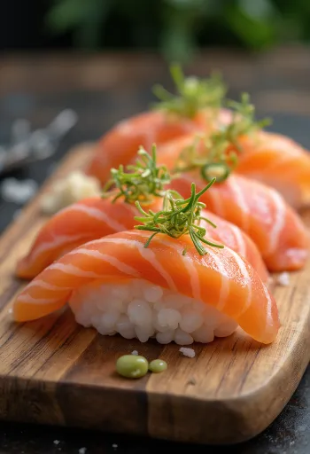 Oshizushi com jalapeño, decorado com salmão fresco e vegetais