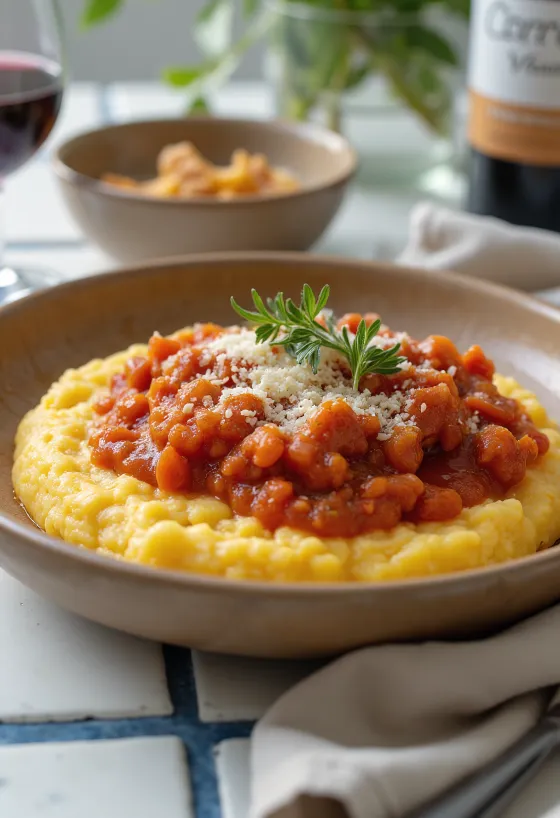 Polenta cremosa servida com molho de tomate, em prato fundo